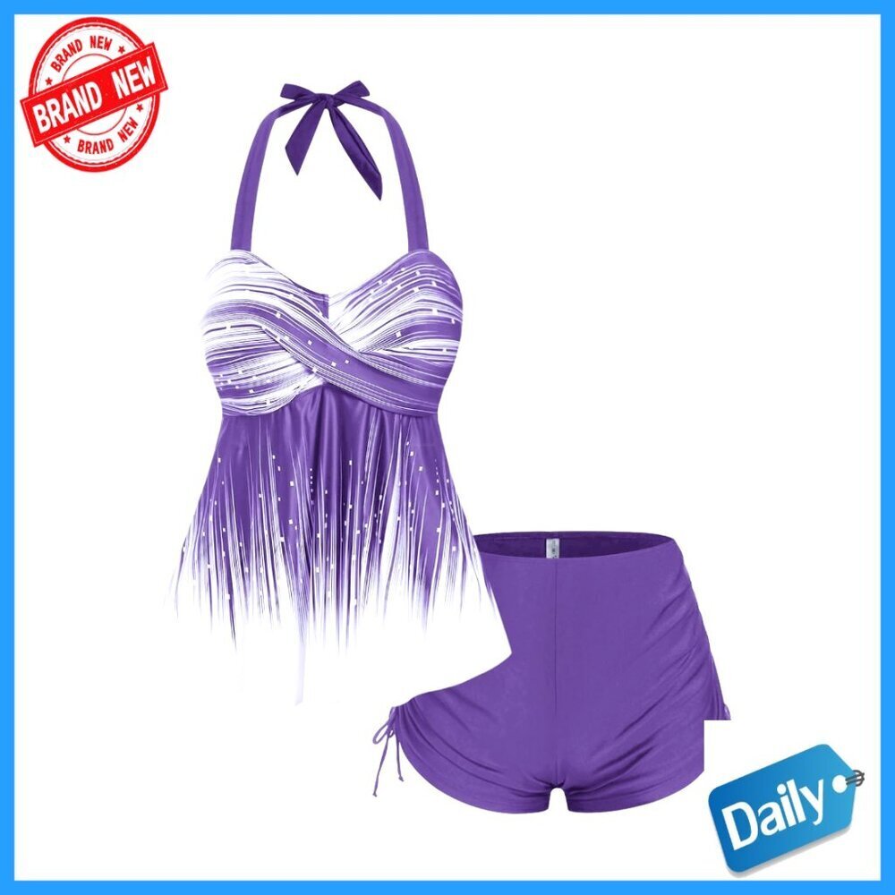 Plus Size Halter Backless Empire Waist Tankini Swimsuit Set with Boyshorts